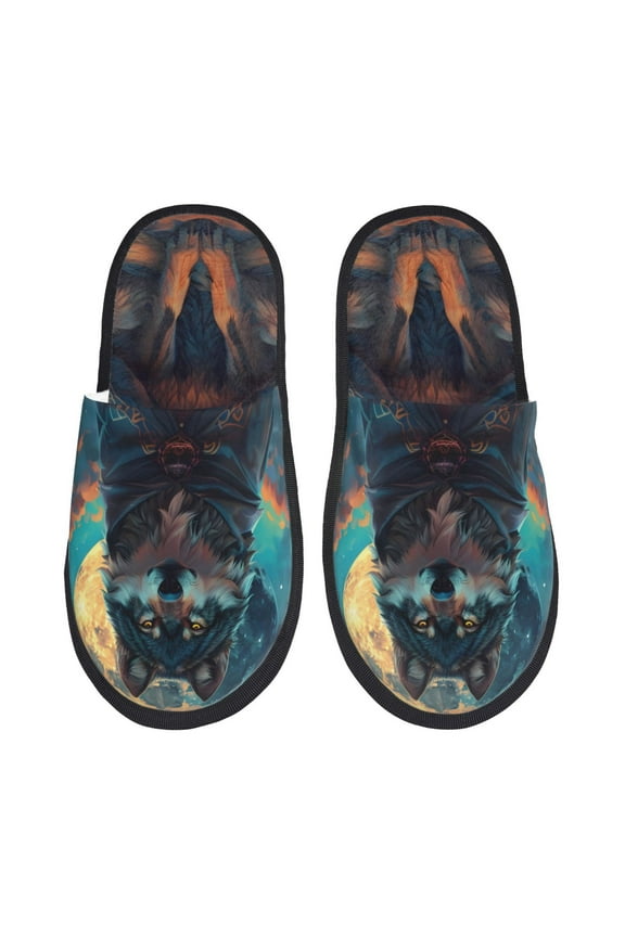 Starry Sky Moon Wolf Leader Pattern Fuzzy Slippers Fuzzy Soft House Slippers Plush Furry Warm Cozy Open Toe Fluffy Home Shoes-Medium