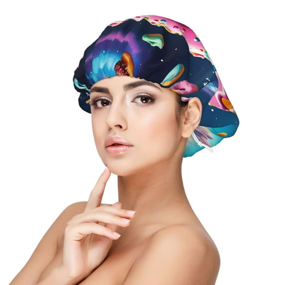 Rateoe Starry Sky Pine Tree Donut Pattern Silk Satin Hair Bonnet for Sleeping, Adjustable Sleep Cap Turban for Women , Curly Straight Hair Long Large Braid