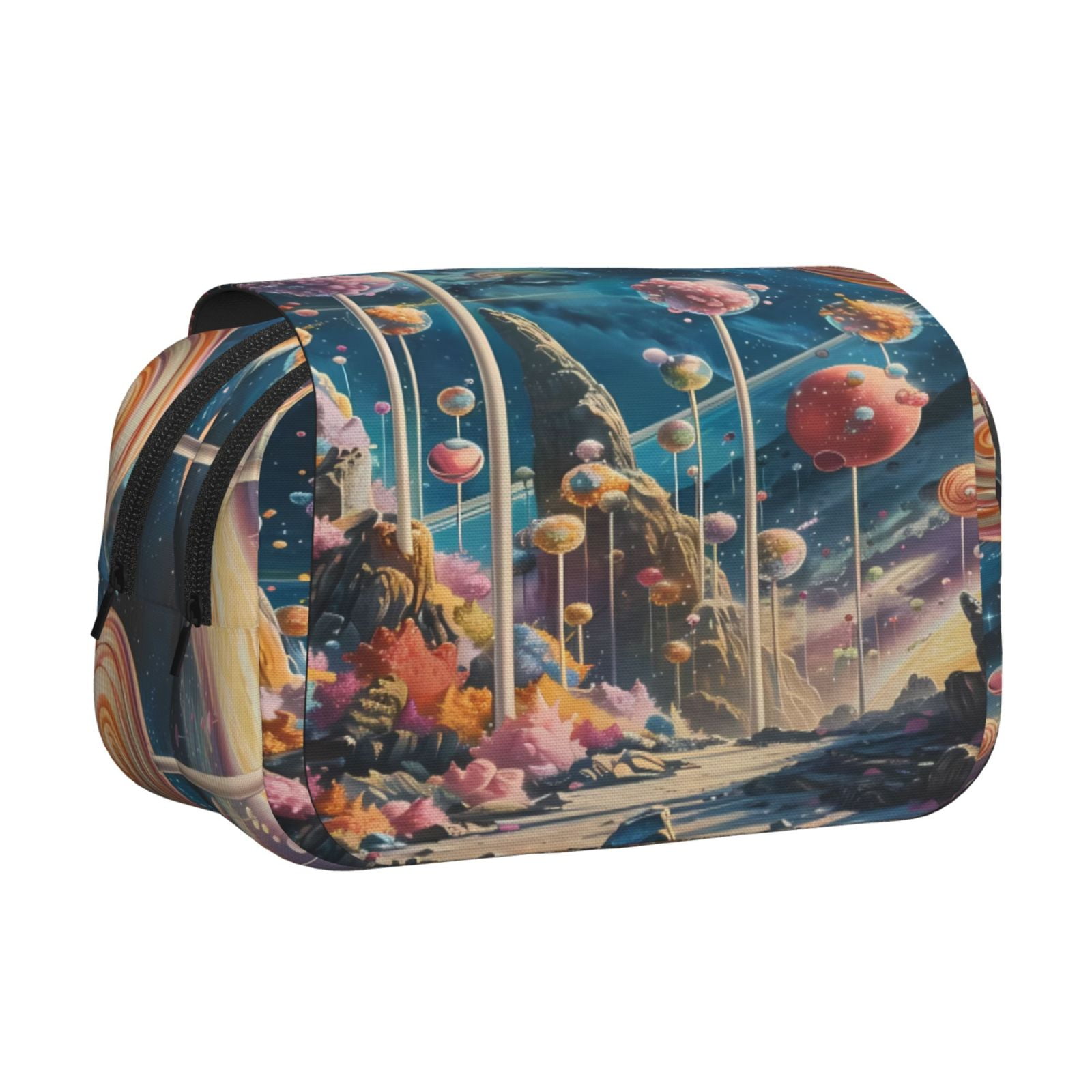Rateoe Starry Sky Planet Lollipop Pattern Double Clamshell Pen Case, Storage Organizer with Two Zipper Compartments– Holds Up to 50 Pencils & Pens