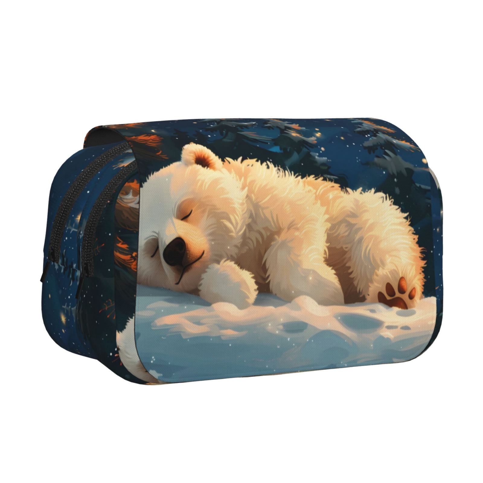 Rateoe Starry Sky Sleep White Bear Pattern Double Clamshell Pen Case, Storage Organizer with Two Zipper Compartments– Holds Up to 50 Pencils & Pens