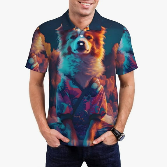 Rateoe Starry Sky White Cloud Puppy Pattern Men's Short Sleeve Polo Shirts, Golf Polo Shirts Short Sleeve Performance Moisture Wicking Dry-XX-Large
