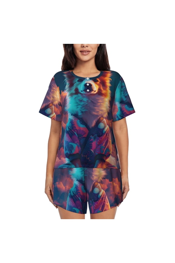 Starry Sky White Cloud Puppy for 2 Piece Short Sleeves Pajama Sets Casual Lounge Sleepwear Ladies Pjs Sets with Pocket-Medium