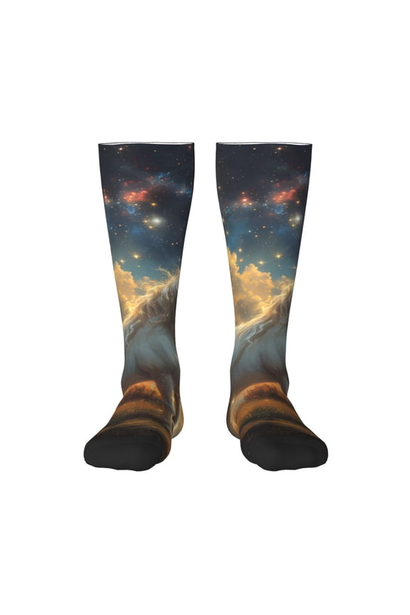 Starry Sky White Horse Pattern Women’s Knee High Crew Socks,Trouser Socks Comfortable, Breathable, Moisture-Wicking and Soft