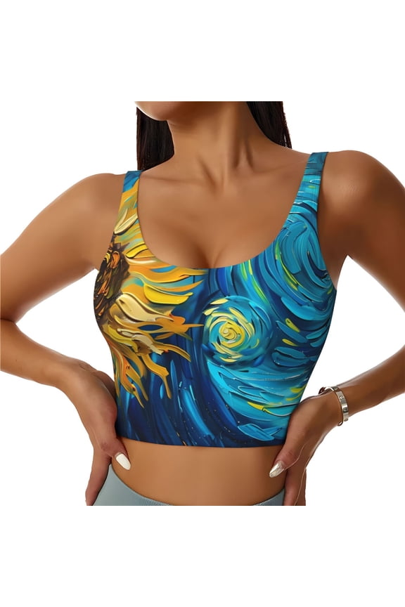 Starry Sunflower Dreamscape Print Womens' Sports Bras Scoop Neck Sports Vest- Padded U Back Seamless High Impact Support-