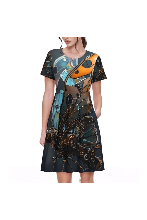 Steampunk Mechanical Butterfly Pattern Women’s Short Sleeve Dress – Casual Elegant Summer A-Line Dress for Everyday Wear