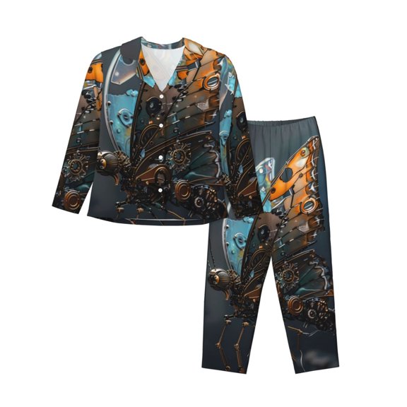 Rateoe Steampunk Mechanical Butterfly Pattern Womens Pajamas Set Long Sleeve Sleepwear Button Down Nightwear Soft Cotton Pj Lounge Sets-XX-Large