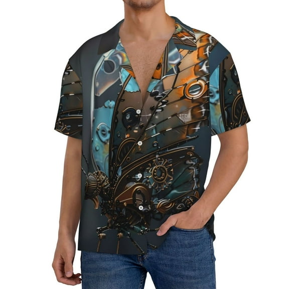 Rateoe Steampunk Mechanical Butterfly Print Mens Front Pocket Hawaiian Shirts Casual Shirts Short Sleeve Button Down Beach Tropical Shirts-4X-Large