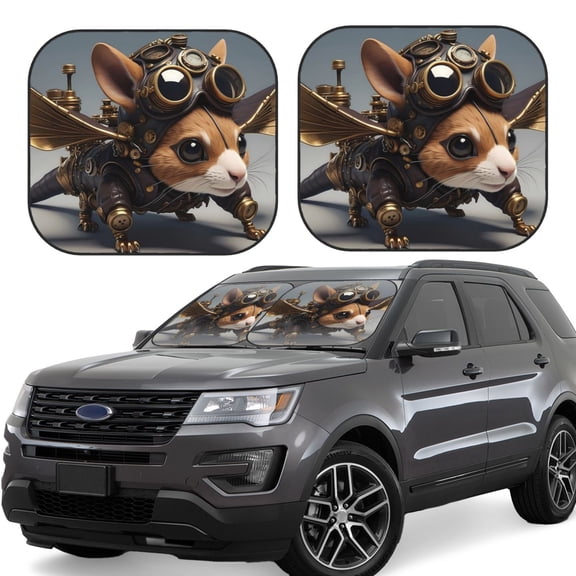 Rateoe Steampunk Squirrel Pilot Pattern 2 Piece Car Windshield Sun Shade Foldable | Front Windshield Shade for Sun, Heat and UV Rays | Sunshade for Car Front Window-Small