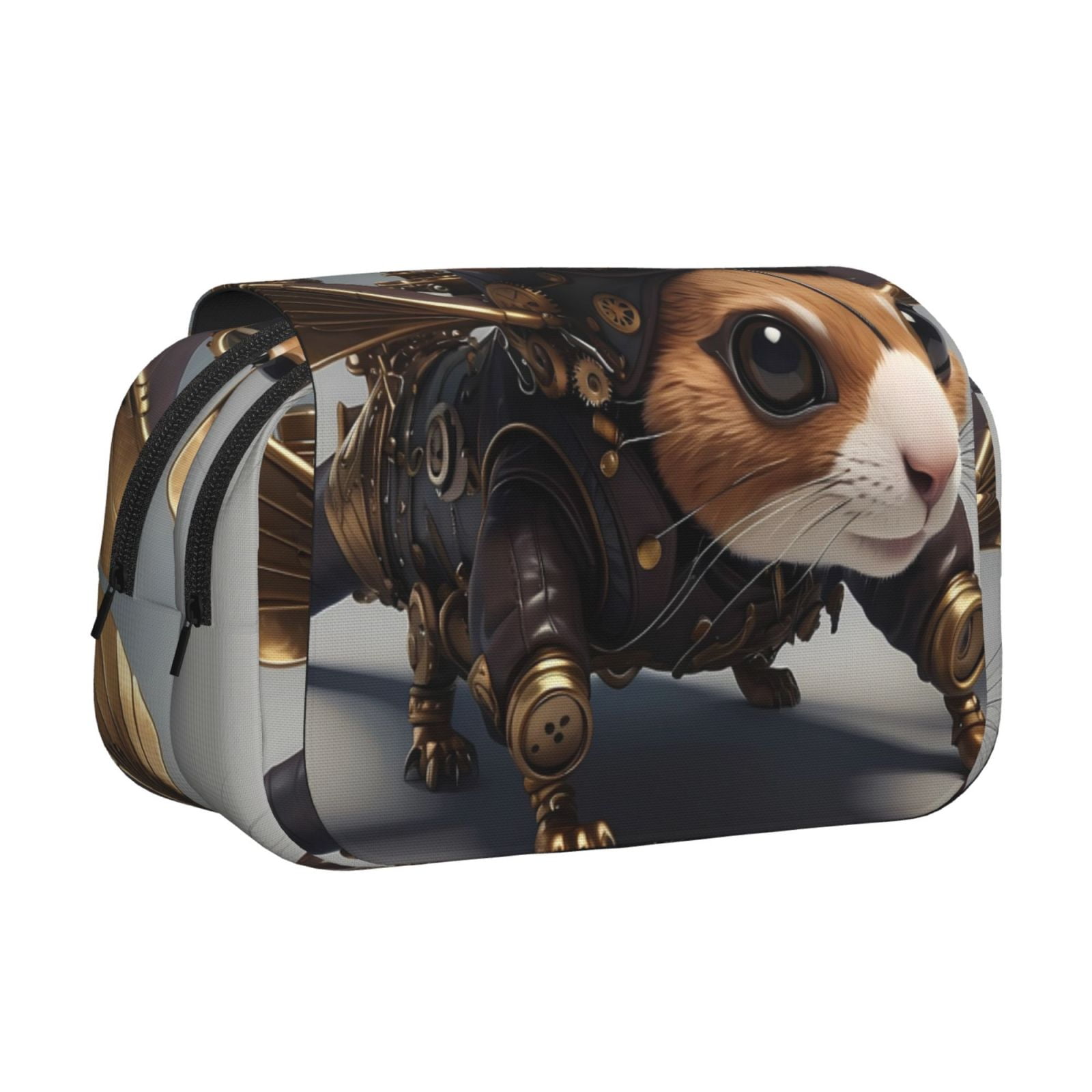Rateoe Steampunk Squirrel Pilot Pattern Double Clamshell Pen Case, Storage Organizer with Two Zipper Compartments– Holds Up to 50 Pencils & Pens