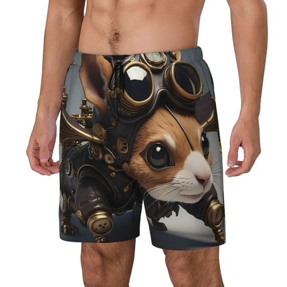Rateoe Steampunk Squirrel Pilot Pattern Men’s Swim Shorts with Compression Liner – Double-Layered Quick-Dry Swimwear, Comfortable & Stretchy Beach Shorts-Large