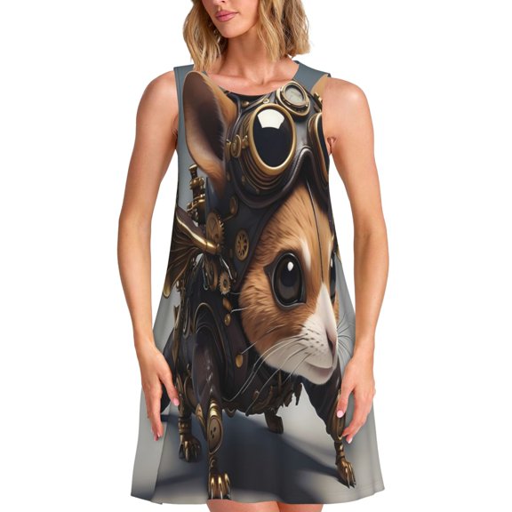 Rateoe Steampunk Squirrel Pilot Pattern Women’s Sleeveless Dress,Casual Summer Dress,A-line Sleeveless Dress Versatile Summer Dress Stylish Day Dress