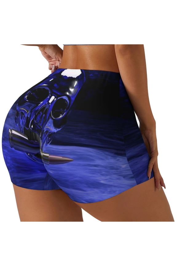 Steel Skull Printed Power Workout Shorts for Women Tummy Control Squat Proof Ribbed Thick Seamless Scrunch Active Short-Medium