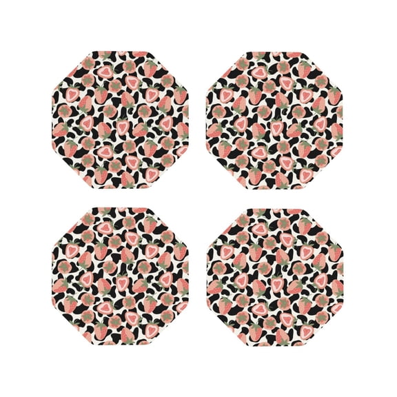 Rateoe Strawberries And Cow Skin Drawing Drink Coasters Set of 4 Leather Coasters Spill Protection for Table Desk,Durable and Non Slip Leather Coaster ,4 Inches Drink Mats-Octagon