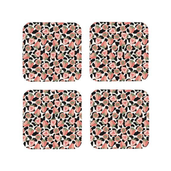 Rateoe Strawberries And Cow Skin Drawing Drink Coasters Set of 4 Leather Coasters Spill Protection for Table Desk,Durable and Non Slip Leather Coaster ,4 Inches Drink Mats-Square