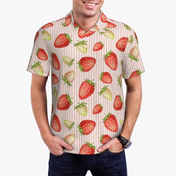 Rateoe Strawberries Pattern Men's Short Sleeve Polo Shirts, Golf Polo Shirts Short Sleeve Performance Moisture Wicking Dry-XX-Large