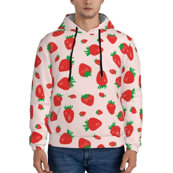 Rateoe Strawberries Pattern Mens Hoodie, Pullover Hooded Sweatshirt, Kangaroo Pocket Hoodie Ideal for Daily Wear, Travel and Home-Large