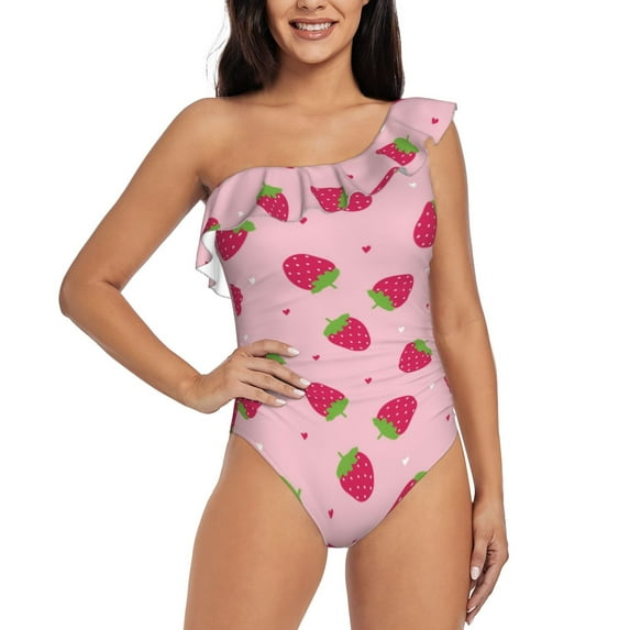 Rateoe Strawberries Pattern Women One Piece Swimsuits Tummy Control One Shoulder Bathing Suits Ruffle Swimwear-Medium