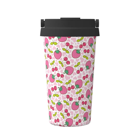Rateoe Strawberry And Cheery Pattern Travel Coffee Mug Tumbler with Flip Lid | Reusable Insulated Stainless Steel Cold Brew Iced Coffee Cup Thermos