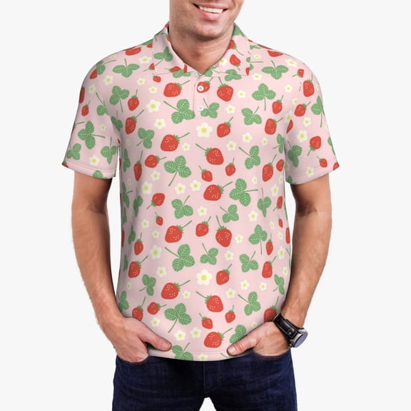 Rateoe Strawberry And Flowers Pattern Men's Short Sleeve Polo Shirts, Golf Polo Shirts Short Sleeve Performance Moisture Wicking Dry-X-Large