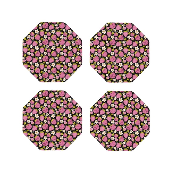 Rateoe Strawberry Drawing Drink Coasters Set of 4 Leather Coasters Spill Protection for Table Desk,Durable and Non Slip Leather Coaster ,4 Inches Drink Mats-Octagon