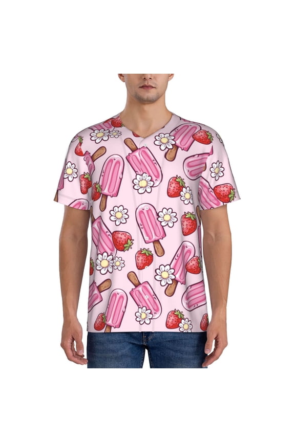 Strawberry Popsicle Pattern Men’s Baseball Short Sleeve Polo Shirt, Midweight Men's Shirt Golf Shirt Polo Shirts Quick Dry Short-3X-Large