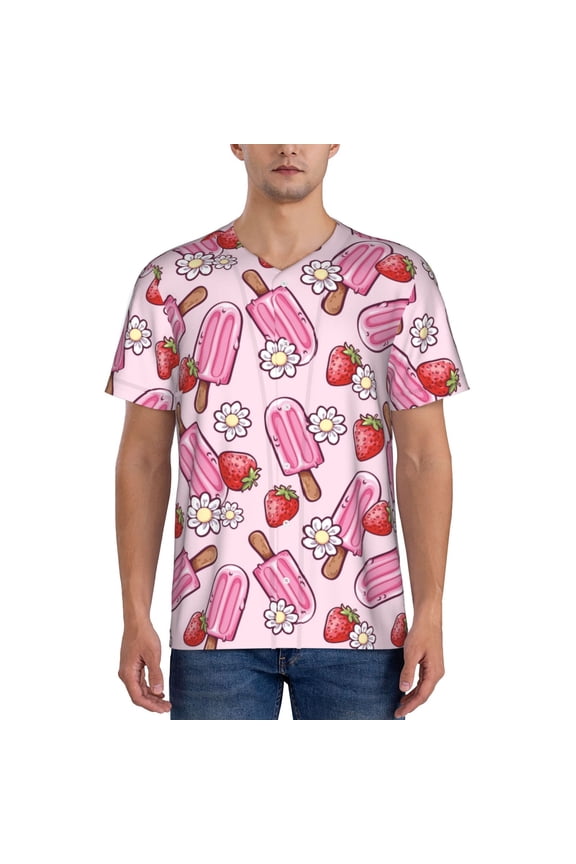Strawberry Popsicle Pattern Men’s Baseball Short Sleeve Polo Shirt, Midweight Men's Shirt Golf Shirt Polo Shirts Quick Dry Short-Small
