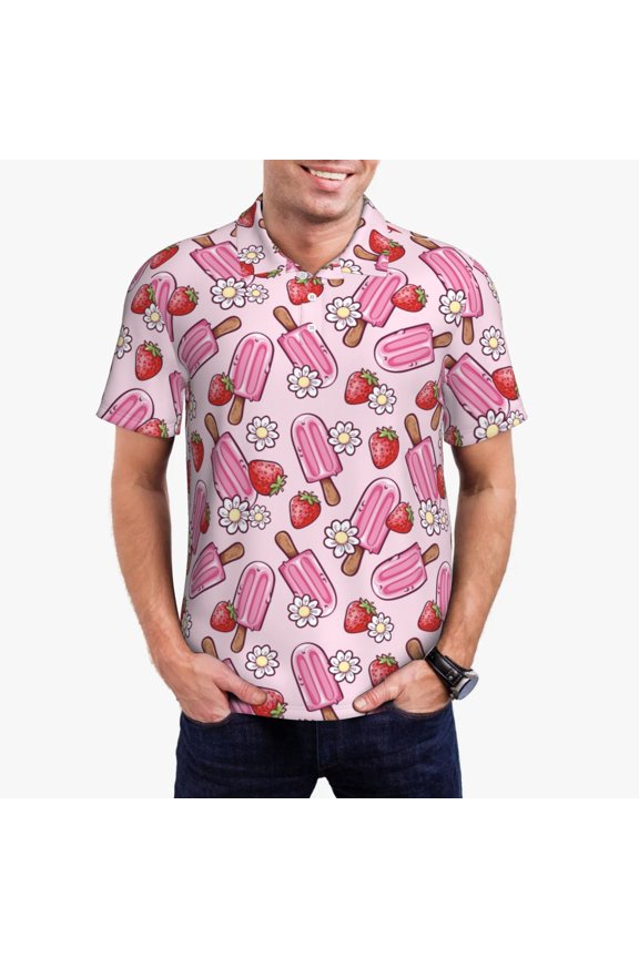 Strawberry Popsicle Pattern Men's Short Sleeve Polo Shirts, Golf Polo Shirts Short Sleeve Performance Moisture Wicking Dry-Small