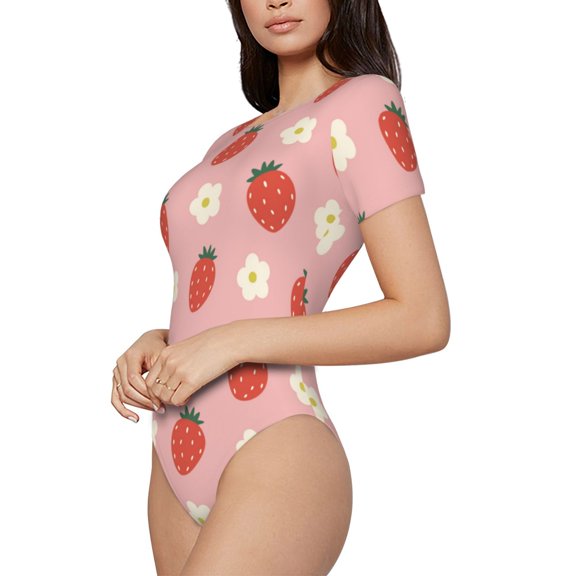 Rateoe Strawberry Printed Women Rash Guard Short Sleeve,Tummy control Swimsuit Surfing Swimsuit Bathing Suit Short-sleeved Onesie UPF 50+
