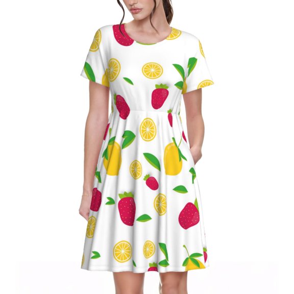 Rateoe Strawberry and Lemon Pattern Women’s Short Sleeve Dress – Casual Elegant Summer A-Line Dress for Everyday Wear