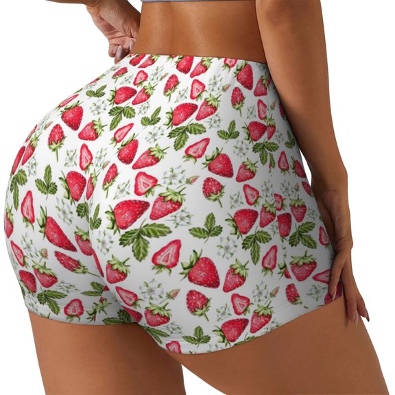 Rateoe Strawberry1 Printed Power Workout Shorts for Women Tummy Control Squat Proof Ribbed Thick Seamless Scrunch Active Short-Large
