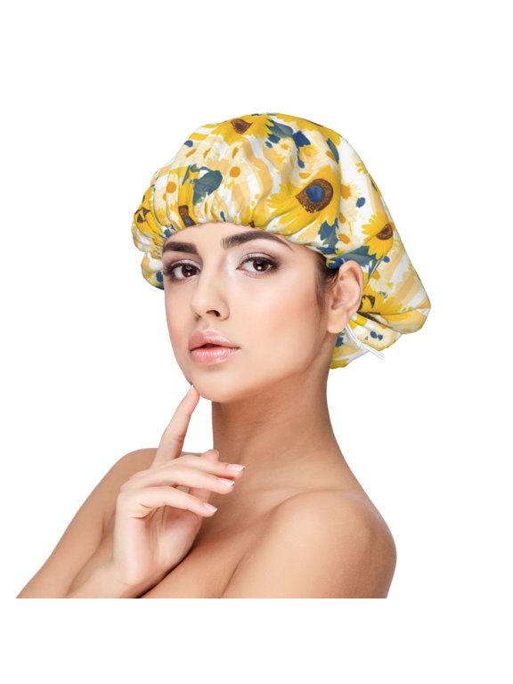 Striped Sunflower Daisy Pattern Silk Satin Hair Bonnet for Sleeping, Adjustable Sleep Cap Turban for Women , Curly Straight Hair Long Large Braid