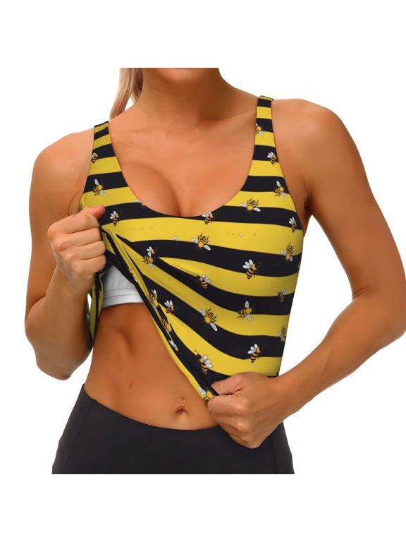 Striped With Bees Print Womens' Sports Bras Scoop Neck Sports Vest- Padded U Back Seamless High Impact Support