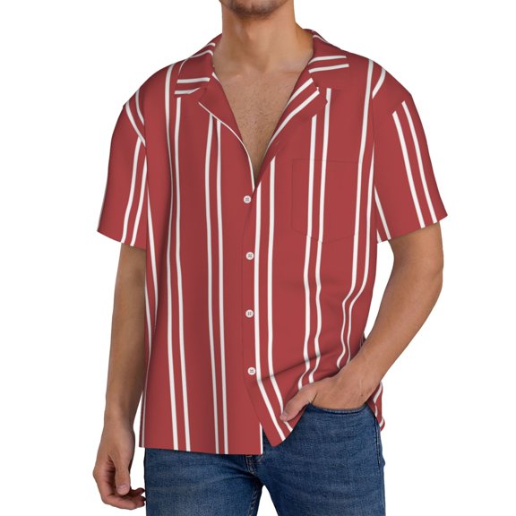 Rateoe Stripes Red White Pattern Men's Short Sleeve Classic Shirt, Casual Short-Sleeved Shirt, Lightweight Summer Shirt, Cuban Collar Shirt,Button-Front Shirt-Large