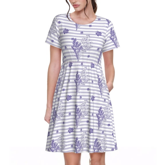 Rateoe Stripes and Sprigs of Lavender Pattern Women’s Short Sleeve Dress – Casual Elegant Summer A-Line Dress for Everyday Wear