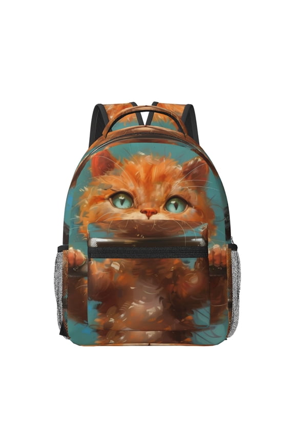 Strong Kitten Lifting Weights Pattern Durable Student Backpack Laptop Bag- Ergonomic Design, Waterproof Twill Fabric - Ideal for School, Travel, and Outdoor Activities-One Size