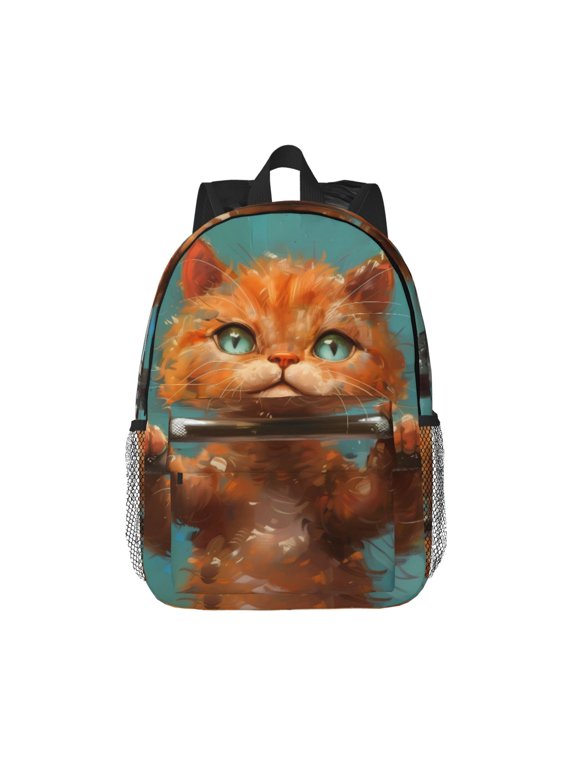 Strong Kitten Lifting Weights Pattern Student Backpack Water-resistant Backpack 15-inch Laptop Backpack Lightweight Adjustable School Backpack