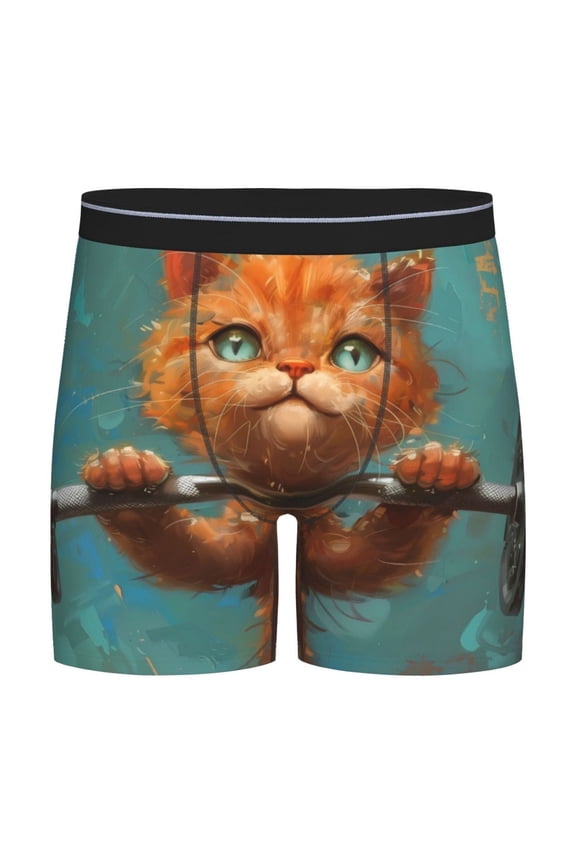 Strong Kitten Lifting Weights Print Men’s Underwear Boxer Briefs Soft Comfortable Underwear Boxer Briefs, Long Leg Briefs,Anti-chafing Boxer Briefs