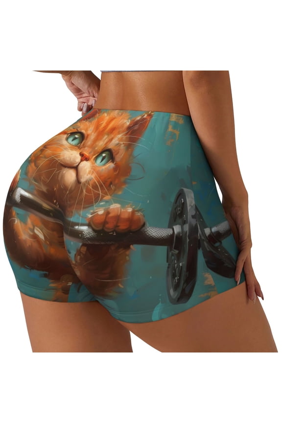 Strong Kitten Lifting Weights Printed Power Workout Shorts for Women Tummy Control Squat Proof Ribbed Thick Seamless Scrunch Active Short-Medium