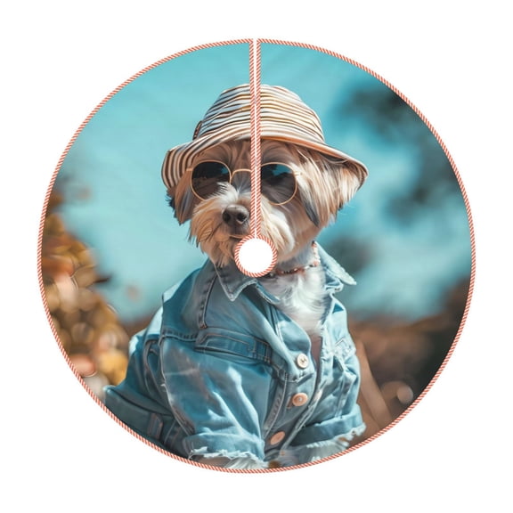 Rateoe Stylish Dog in Denim Outfit Pattern Christmas Tree Skirt with Ties, Christmas Tree Decorations, Farmhouse Christmas Decor Xmas Holiday Decorations-