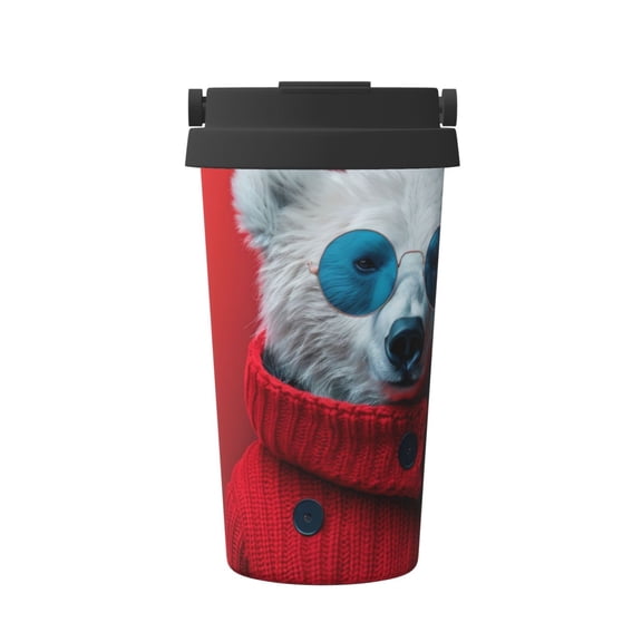 Rateoe Stylish Polar Bear Sunglasses Pattern Travel Coffee Mug Tumbler with Flip Lid | Reusable Insulated Stainless Steel Cold Brew Iced Coffee Cup Thermos