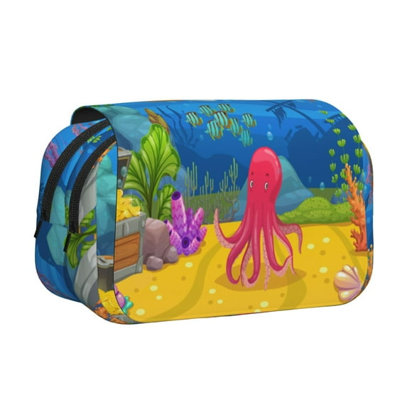 Rateoe Submarine And Landscape Pattern Double Clamshell Pen Case, Storage Organizer with Two Zipper Compartments– Holds Up to 50 Pencils & Pens