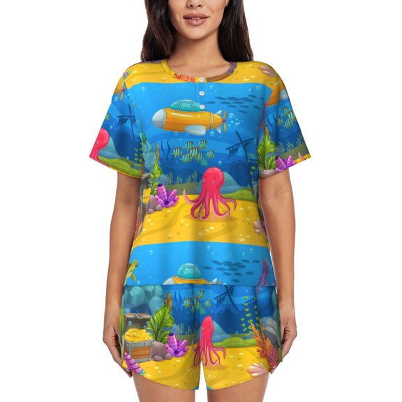 Rateoe Submarine And Landscape Pattern Women's Short-Sleeved Pajama Set - 2 Piece Soft and Lightweight Sleepwear Set-3X-Large