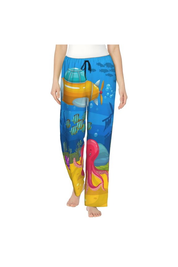 Submarine And Landscape Pattern Women’s Ultra-Soft Comfy Pajama Lounge Pants Sleepwear,Comfortable Lounge Wear,lightweight Pajamas, Casual Home Wear-Large