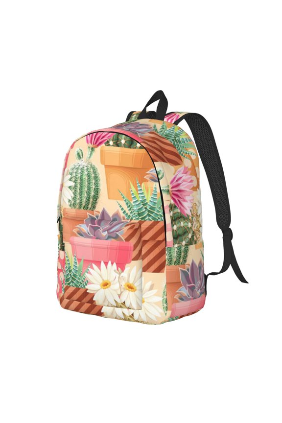 Succulent And Cactus Pattern Durable Canvas Backpack for Men & Women – Stylish & Lightweight – Adjustable Straps, Multiple Pockets – Fits 15-17 Inch LaptopsMedium
