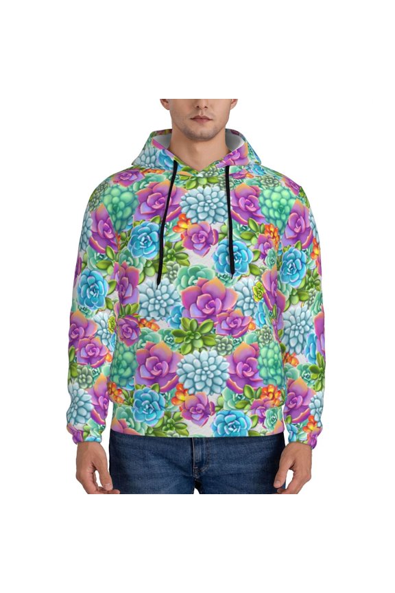 Succulents Pattern Mens Hoodie, Pullover Hooded Sweatshirt, Kangaroo Pocket Hoodie Ideal for Daily Wear, Travel and Home-Small