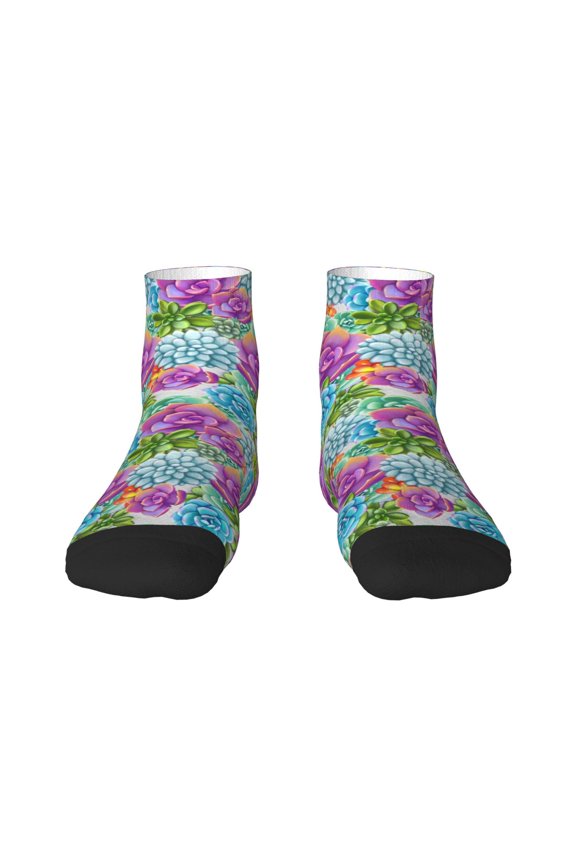Succulents Pattern Quarter Crew Socks,Toe Seamed Ankle Socks,Cotton Cushioned Breathable Athletic Crew Sports Socks
