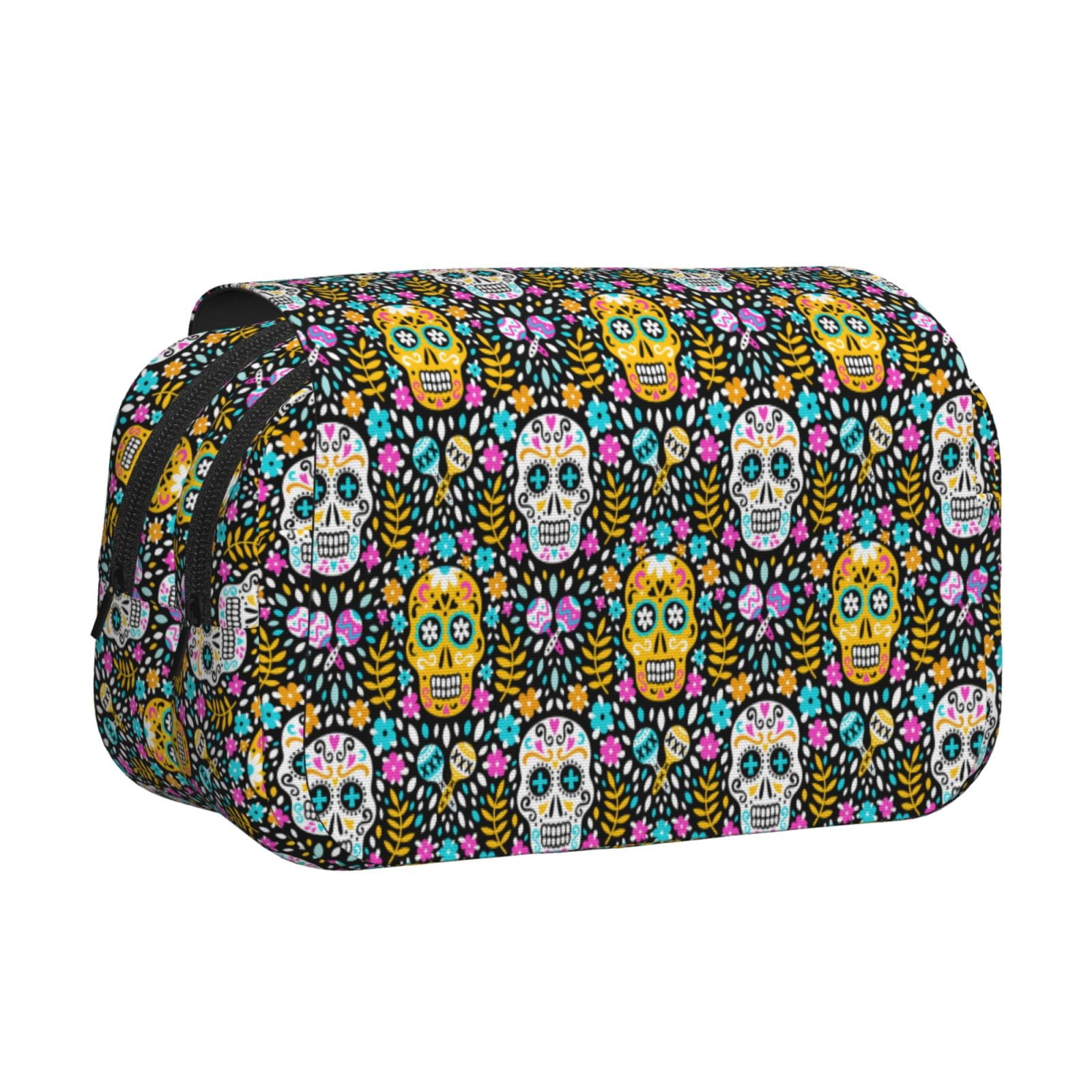 Rateoe Sugar Skulls Pattern Double Clamshell Pen Case, Storage Organizer with Two Zipper Compartments– Holds Up to 50 Pencils & Pens