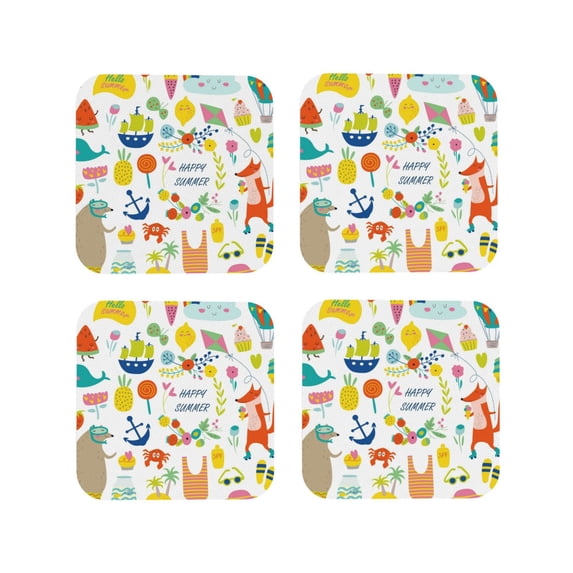 Rateoe Summer Animal Drawing Drink Coasters Set of 4 Leather Coasters Spill Protection for Table Desk,Durable and Non Slip Leather Coaster ,4 Inches Drink Mats-Square