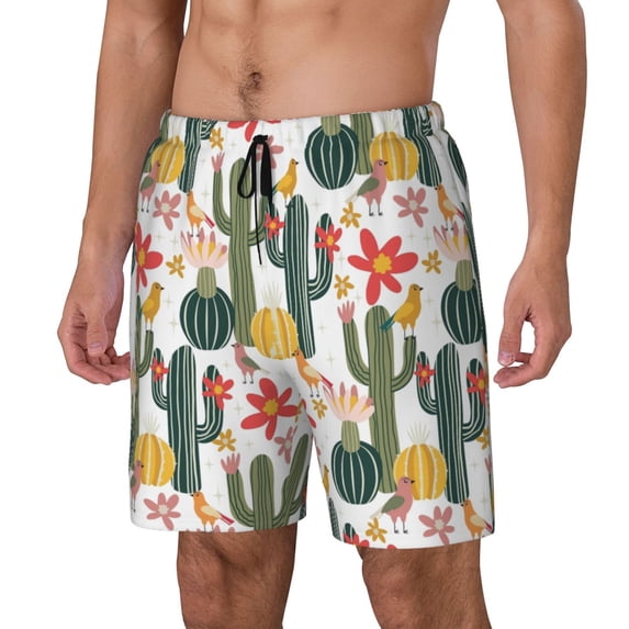 Rateoe Summer Cactus With Blooming Pattern Men’s Swim Shorts with Compression Liner – Double-Layered Quick-Dry Swimwear, Comfortable & Stretchy Beach Shorts-X-Large