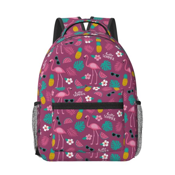 Rateoe Summer Flamingo Pattern Durable Student Backpack Laptop Bag- Ergonomic Design, Waterproof Twill Fabric - Ideal for School, Travel, and Outdoor Activities